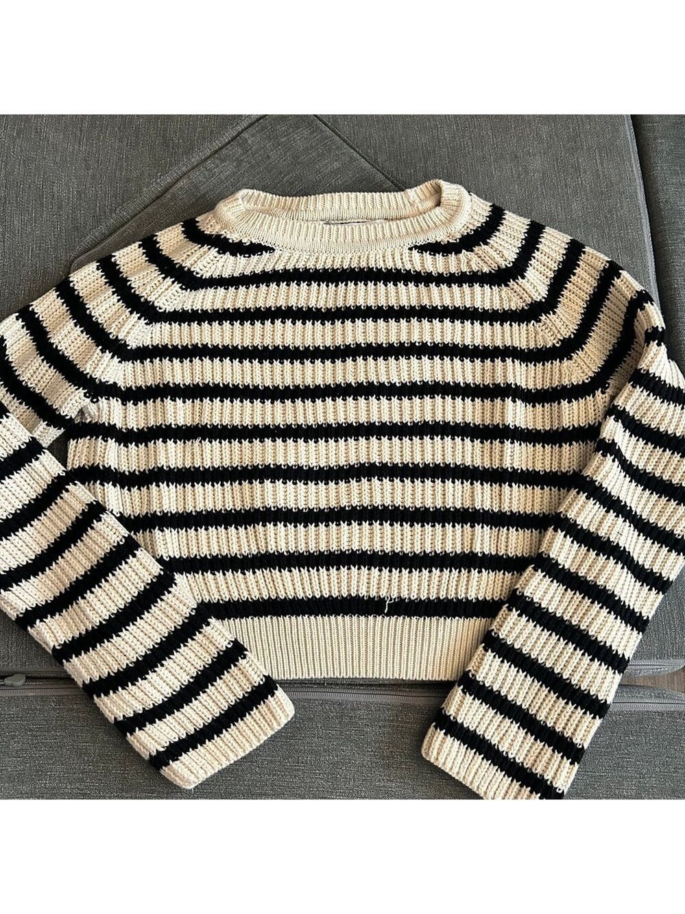 Zara Black Cream Striped Knit Sweater Small